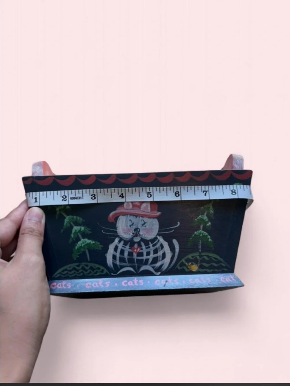 Vintage Hand Painted Wooden Victorian Cat Caddy Basket with Heart Handles